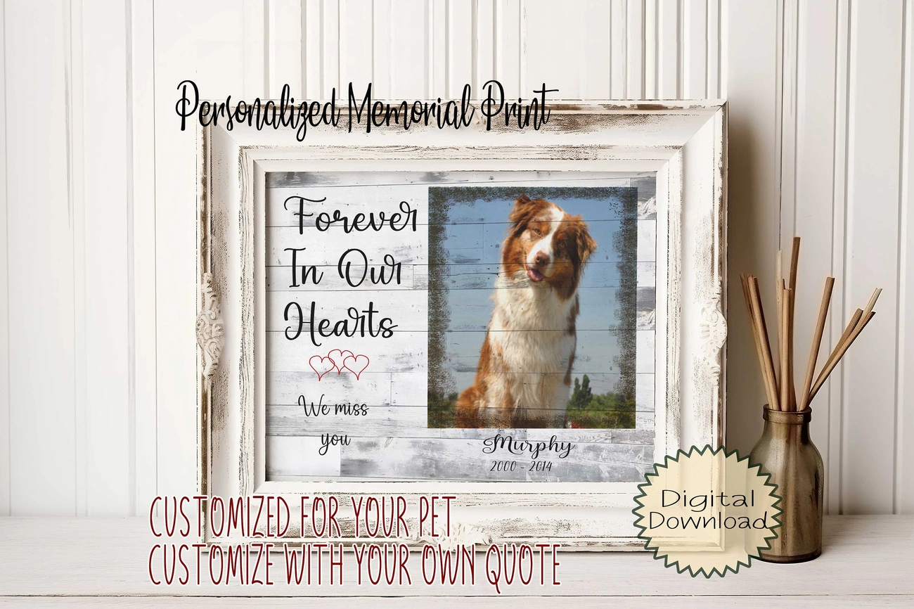 Personalized pet memorial print with a dog photo, 'Forever In Our Hearts' quote, and customizable text in a rustic frame.